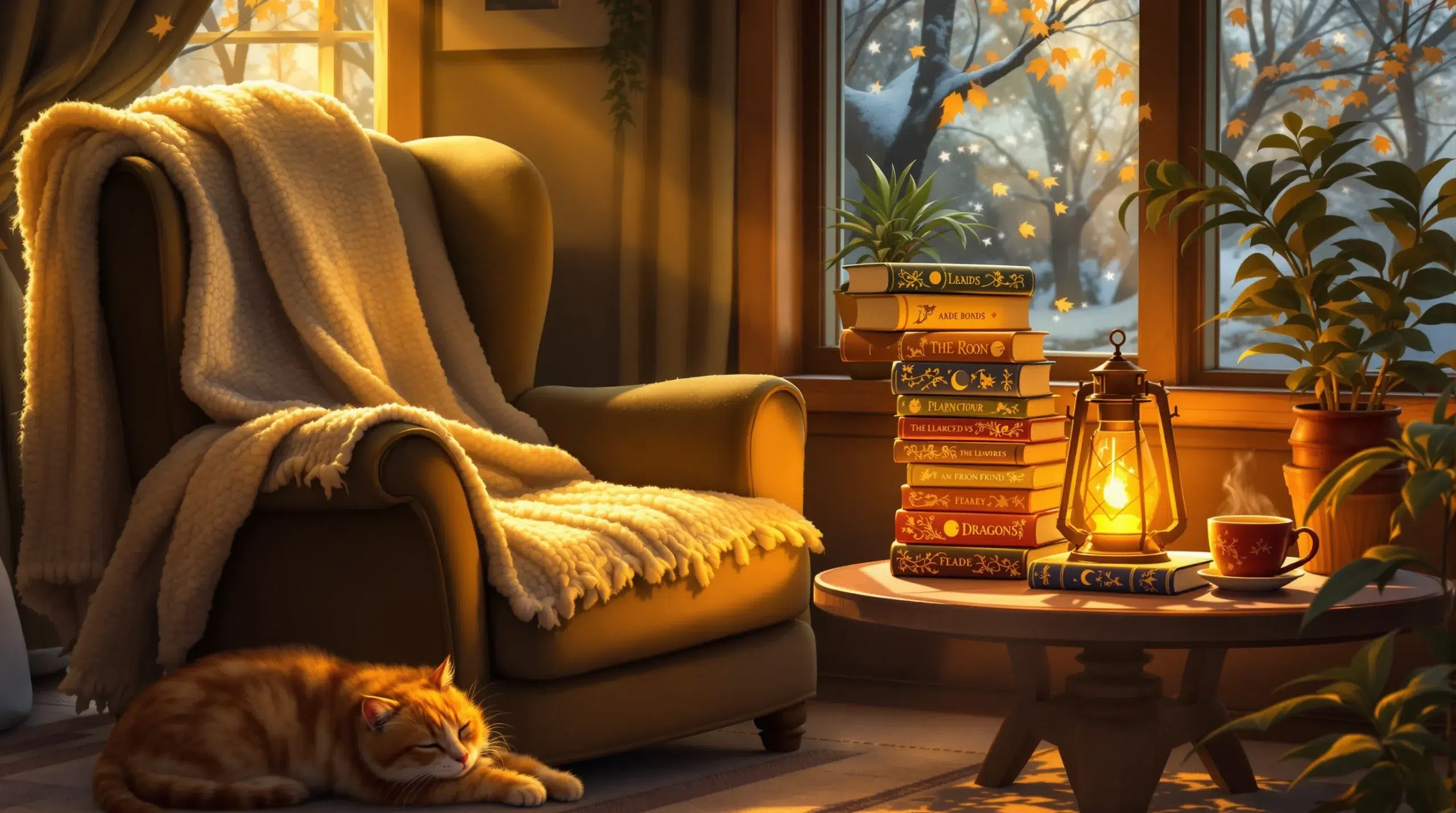 Cozy fantasy books stacked by a reading nook with armchair, tea, and sleeping cat