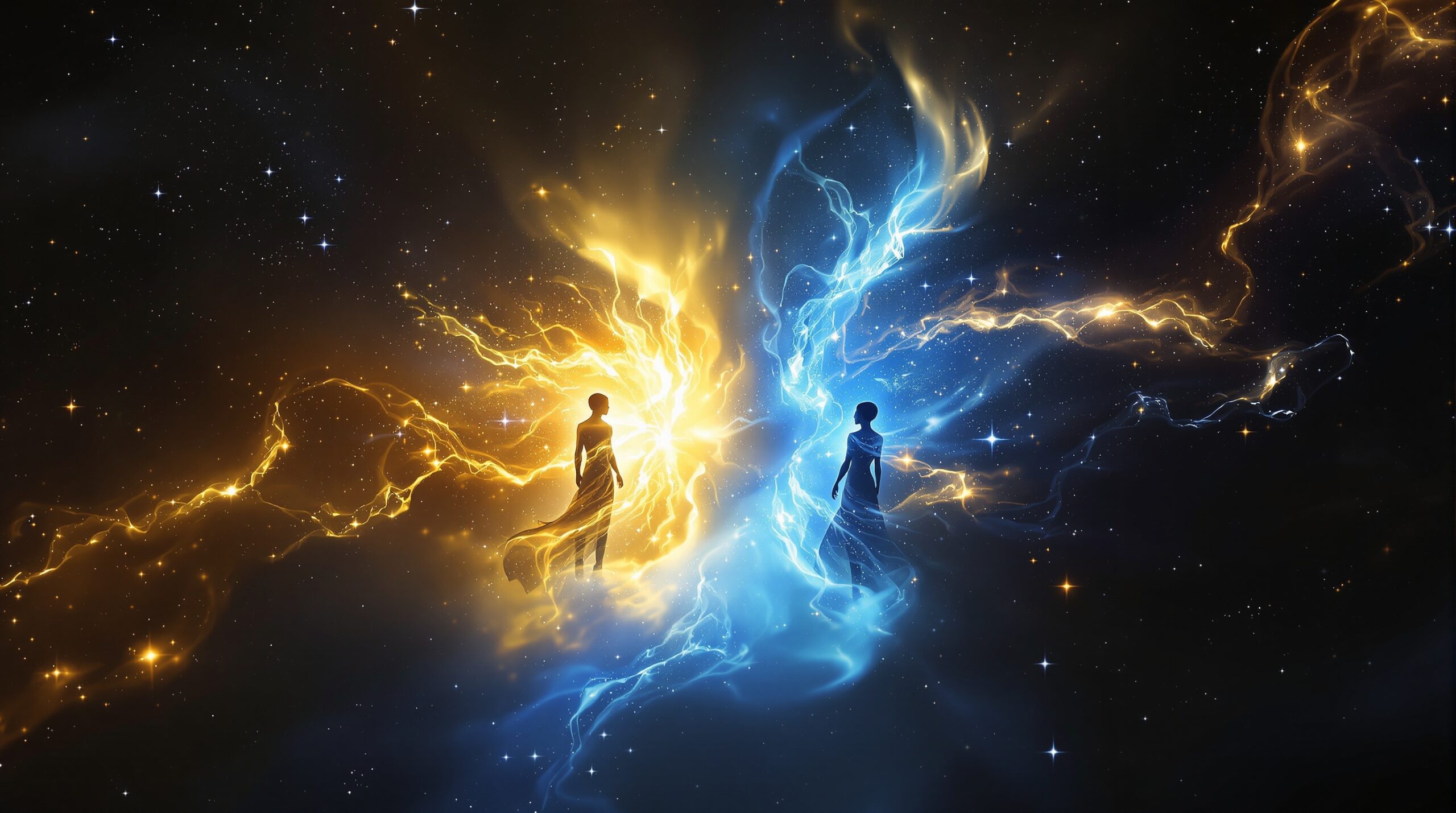 Two ethereal figures with golden and blue energy face each other across a cosmic rift in space with swirling galaxies