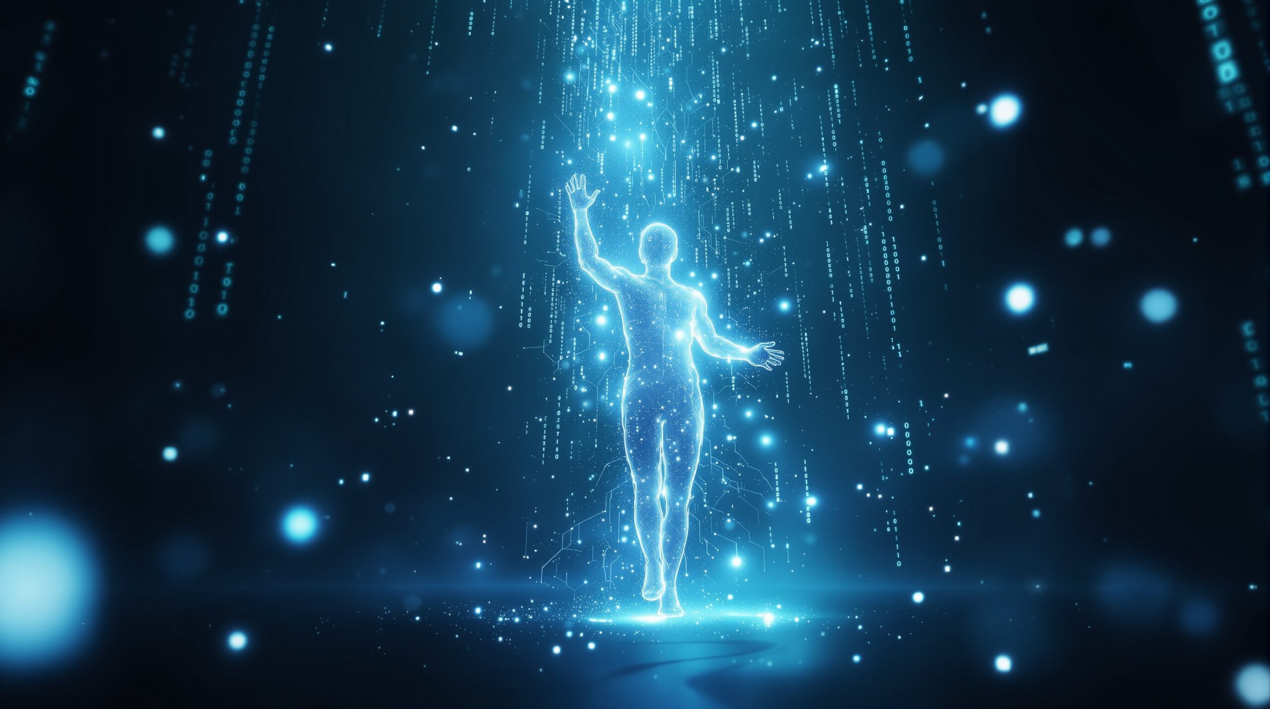 Ethereal human silhouette dissolving into glowing binary code streams, representing The Ghost Algorithm concept